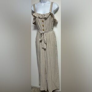 Skies Are Blue Linen Jumpsuit Cream Blue Red Stripe Ruffle Jumpsuit Pantsuit NWT